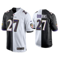 Men Baltimore Ravens #27 J.K. Dobbins Black White Split Game Jersey