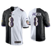 Men Baltimore Ravens #8 Lamar Jackson Black White Split Game Jersey