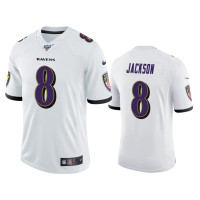 Men Baltimore Ravens #8 Lamar Jackson 100th Season White Vapor Limited Jersey