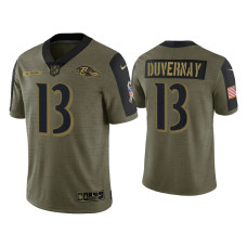 Men Baltimore Ravens #13 Devin Duvernay Olive 2021 Salute To Service Limited Jersey