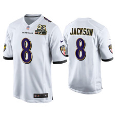 Men Baltimore Ravens #8 Lamar Jackson White 2X Super Bowl Champions Patch Game Jersey