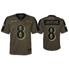 Youth Baltimore Ravens #8 Lamar Jackson Olive 2021 Salute To Service Game Jersey