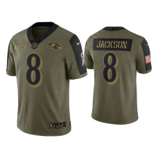 Men Baltimore Ravens #8 Lamar Jackson Olive 2021 Salute To Service Limited Jersey