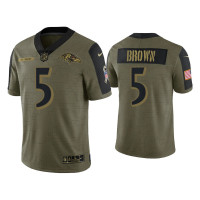 Men Baltimore Ravens #5 Marquise Brown Olive 2021 Salute To Service Limited Jersey