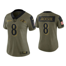 Women Baltimore Ravens #8 Lamar Jackson Olive 2021 Salute To Service Limited Jersey